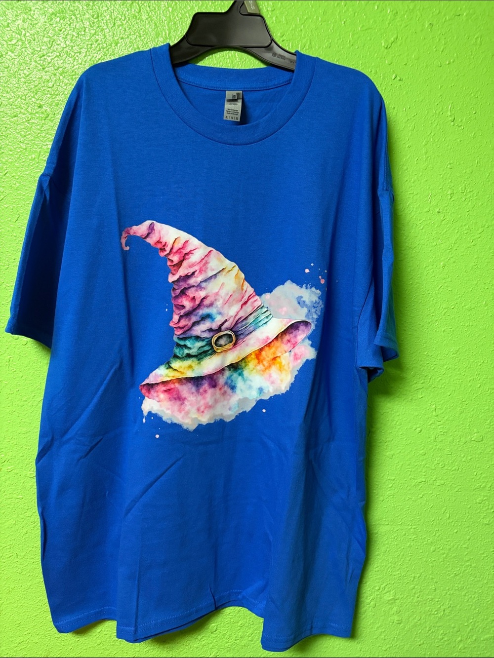 Women’s Blue T-Shirt with Colorful Wizard Hat Graphic